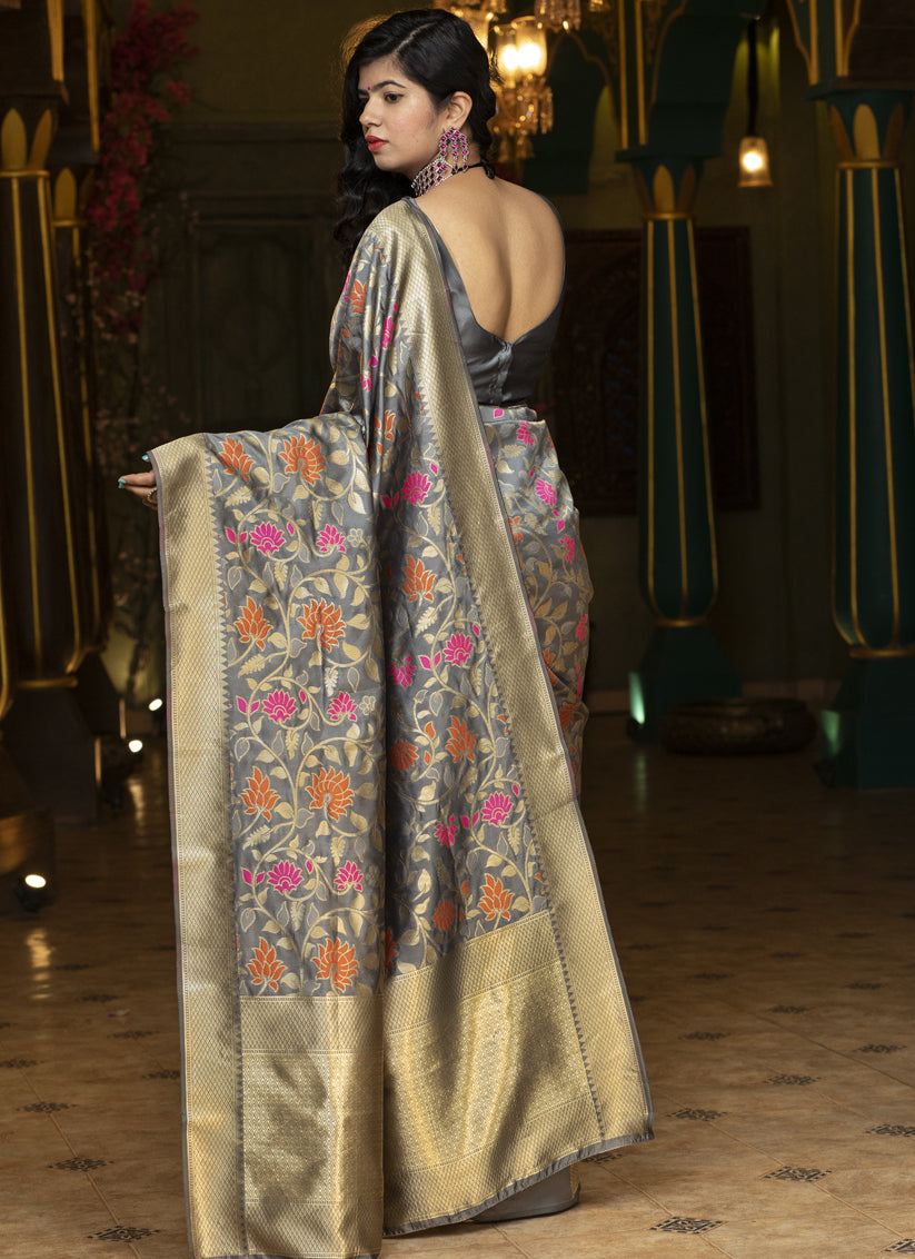 Grey Banarasi Silk Weaving Saree