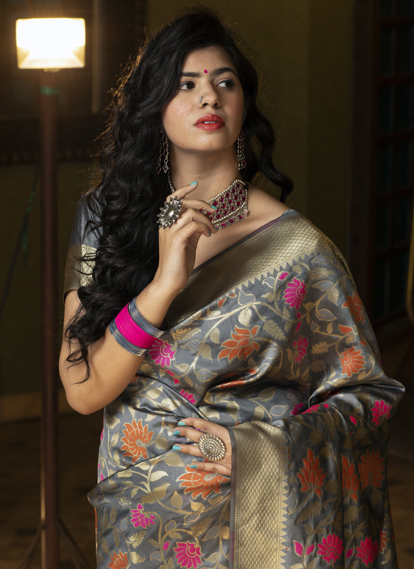Grey Banarasi Silk Weaving Saree