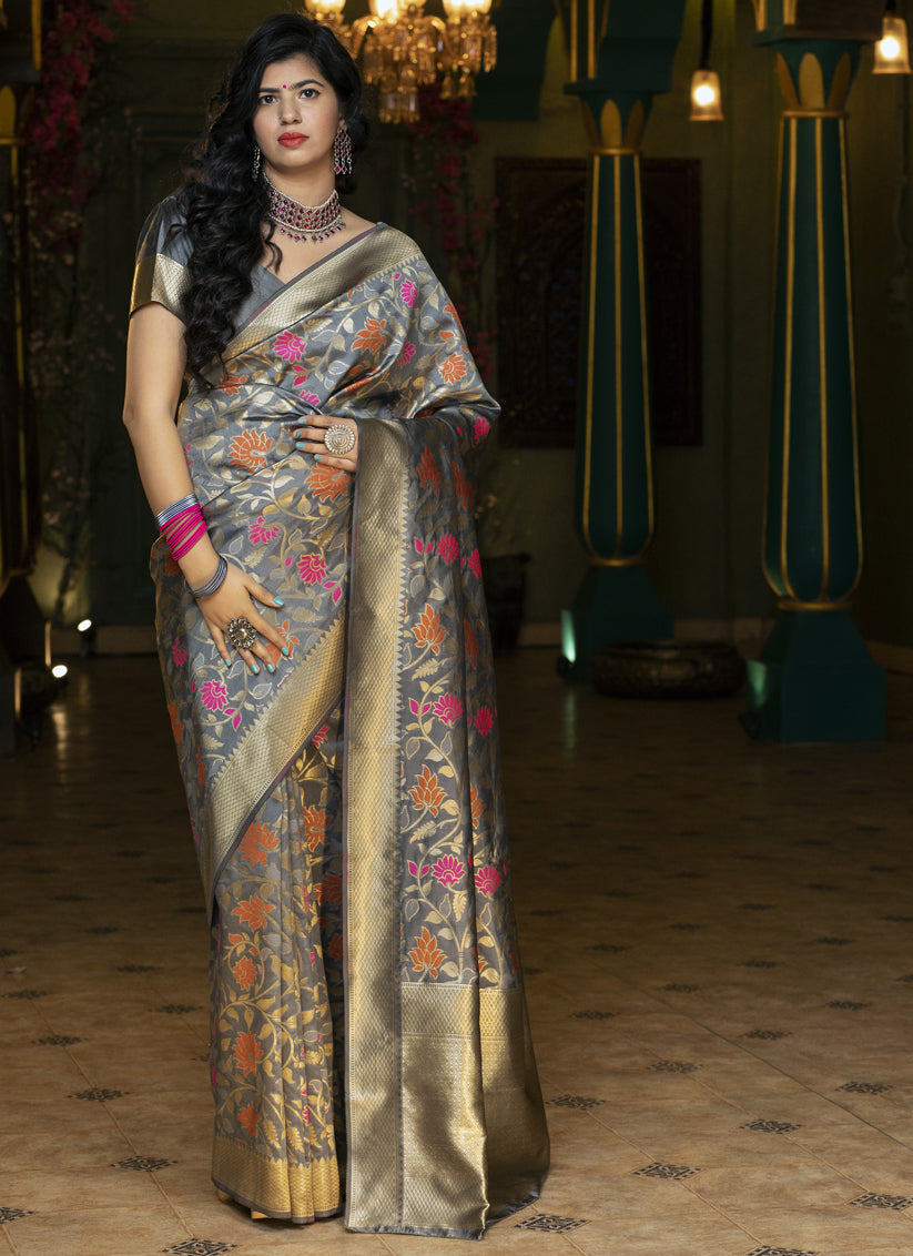 Grey Banarasi Silk Weaving Saree