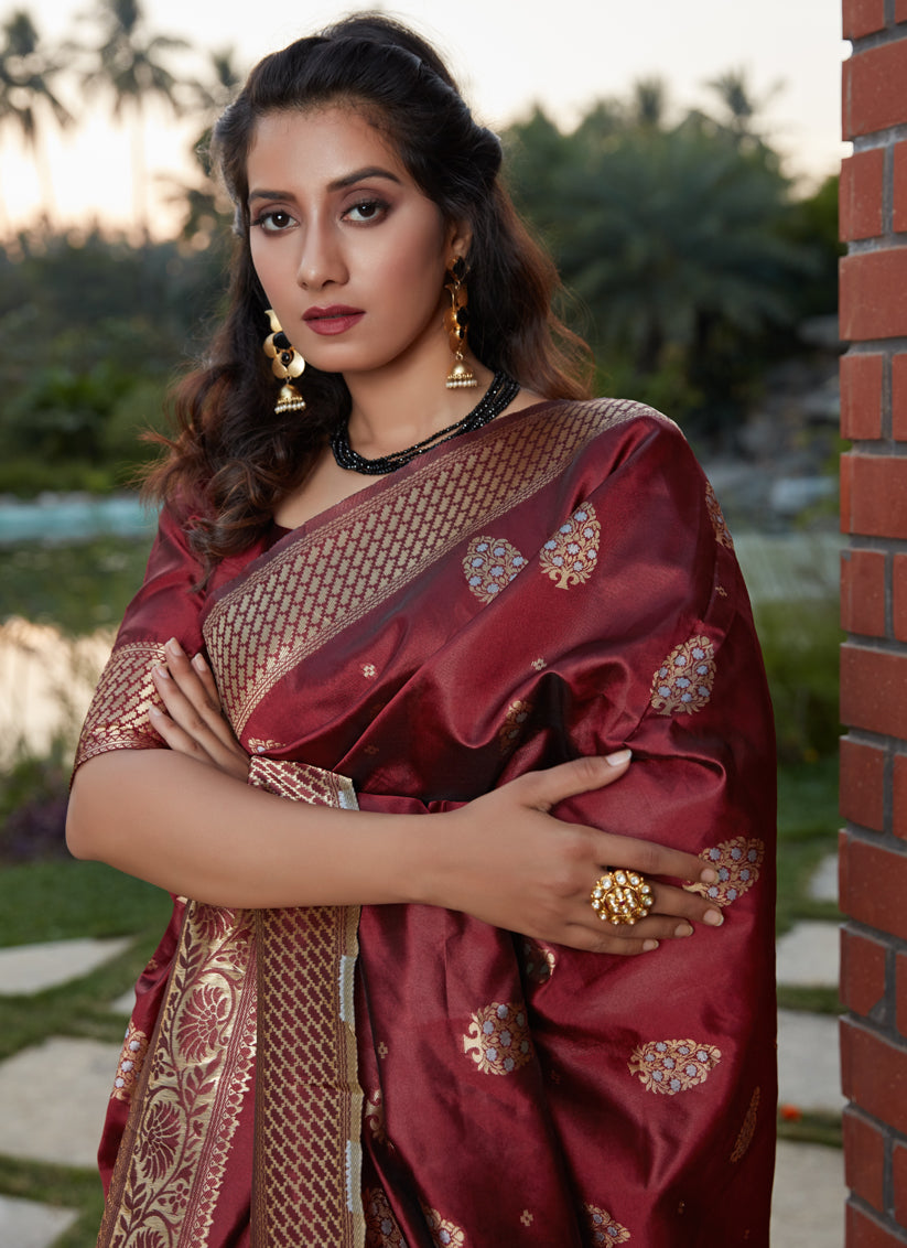 Maroon Banarasi Silk Weaving Saree