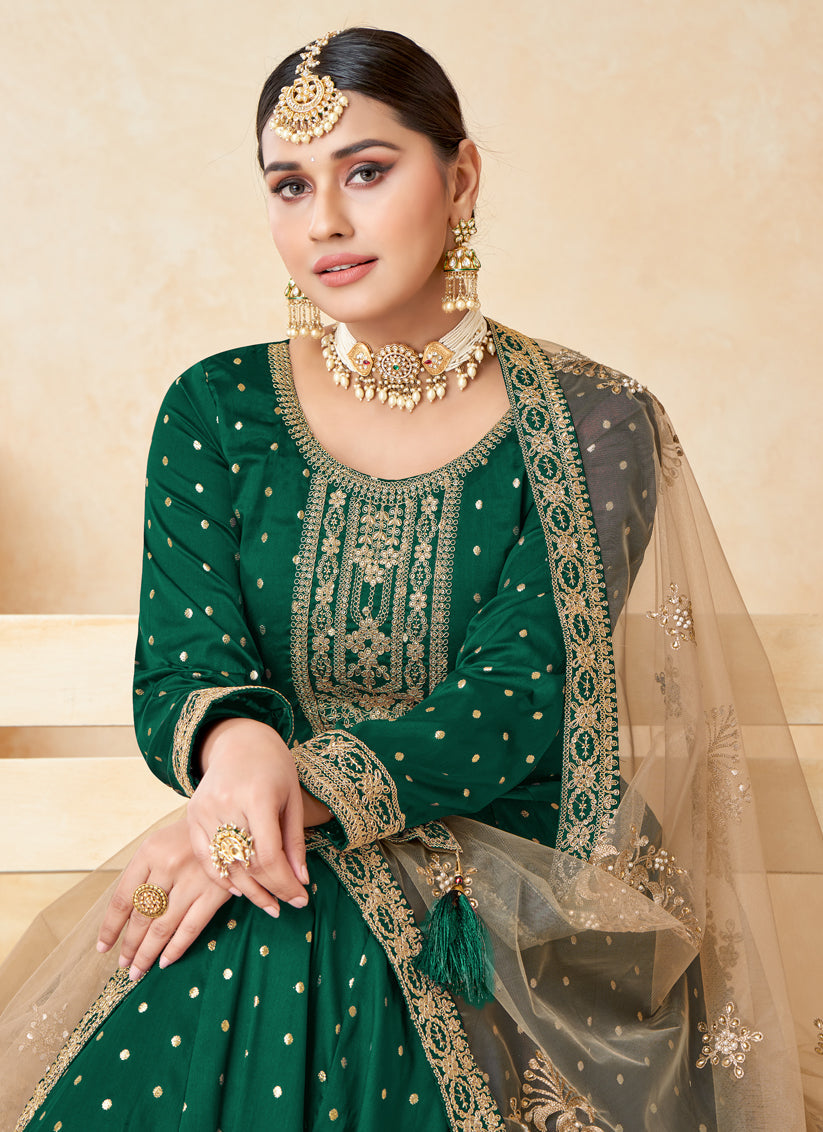 Bottle Green Silk Embroidered Anarkali Suit