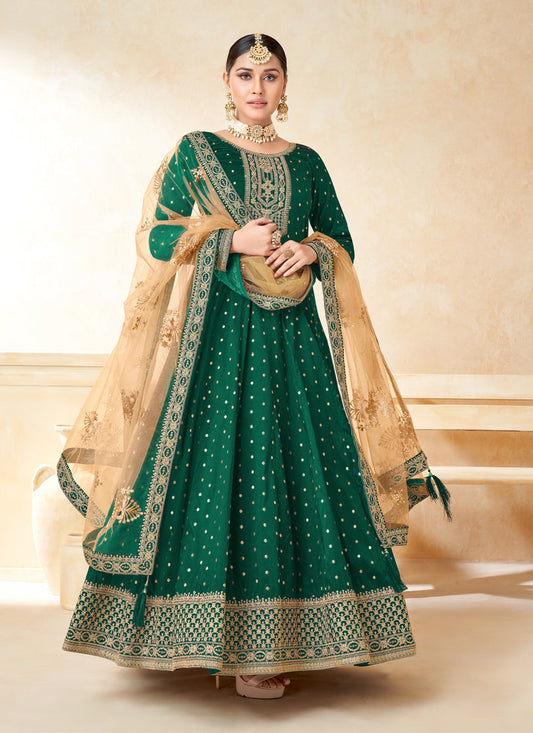 Bottle Green Silk Embroidered Anarkali Suit