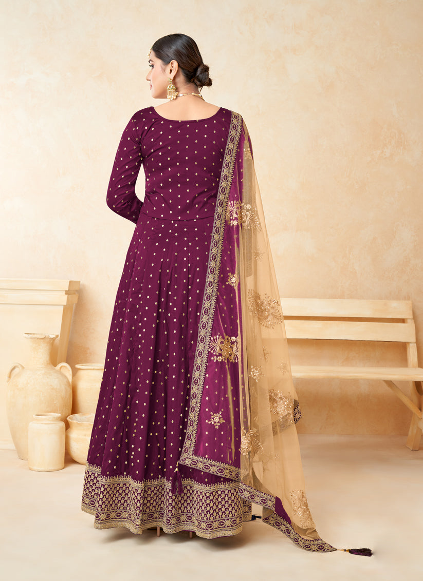 Wine Silk Embroidered Anarkali Suit