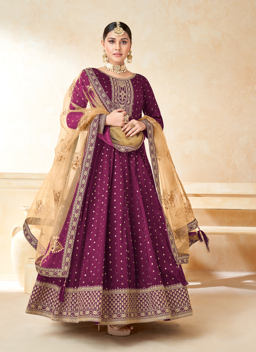 Wine Silk Embroidered Anarkali Suit