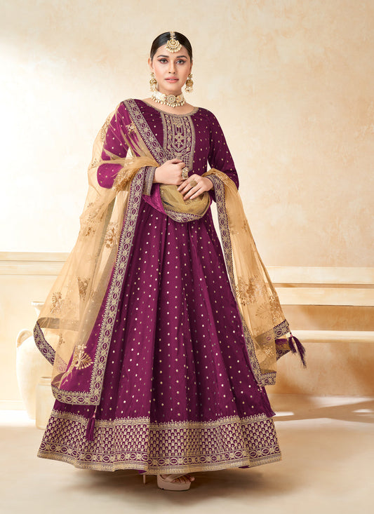 Wine Silk Embroidered Anarkali Suit