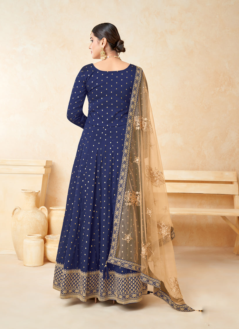 Navy Blue Silk Embroidered Anarkali Suit