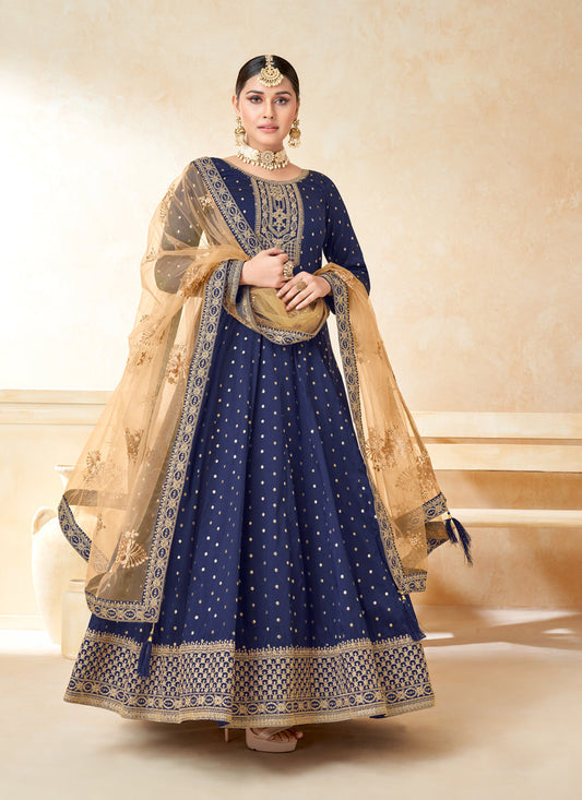Navy Blue Silk Embroidered Anarkali Suit