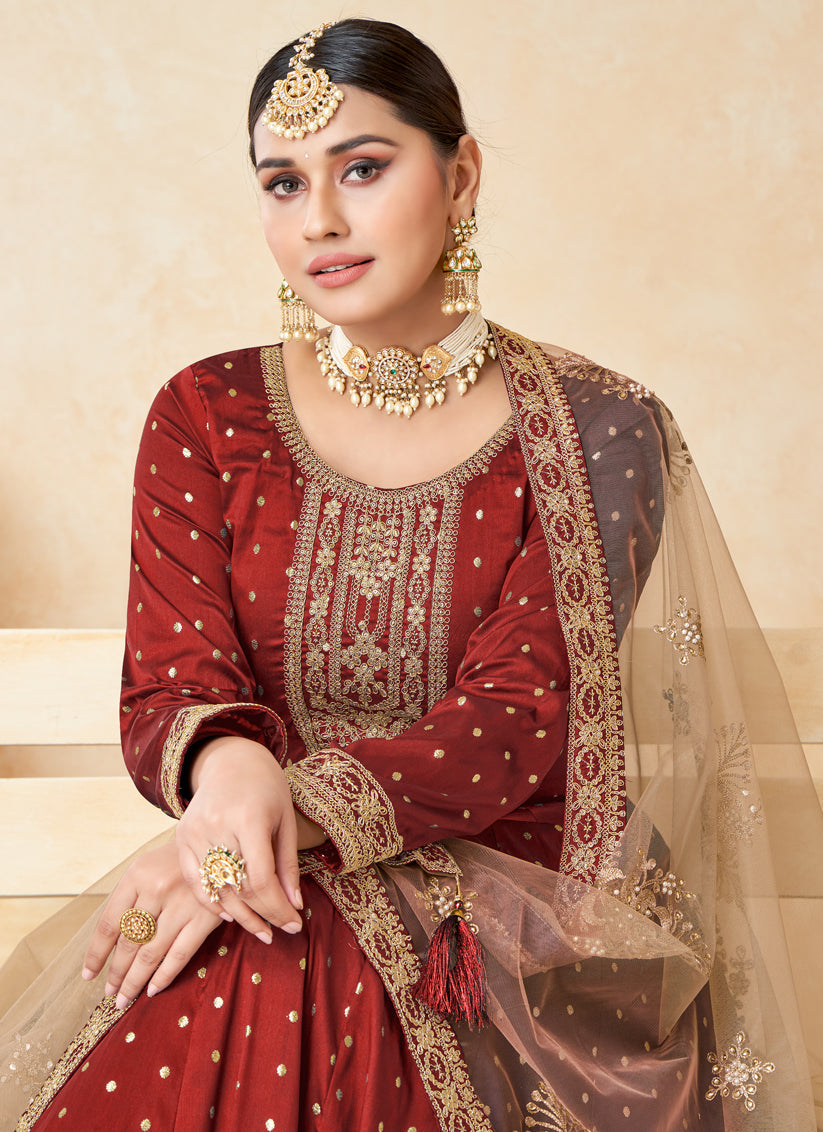 Maroon Silk Embroidered Anarkali Suit