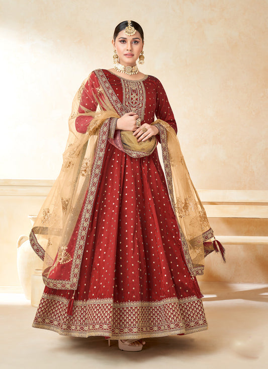 Maroon Silk Embroidered Anarkali Suit