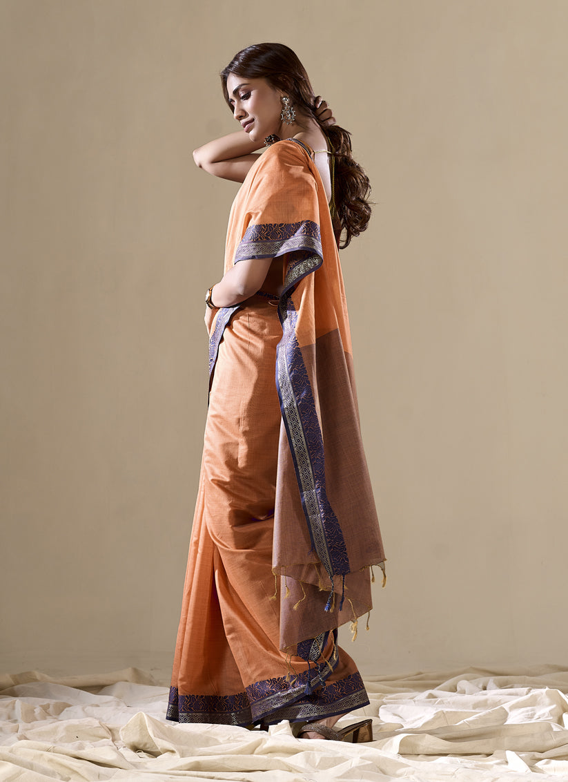 Salmon Orange Handloom Cotton Saree for Festival