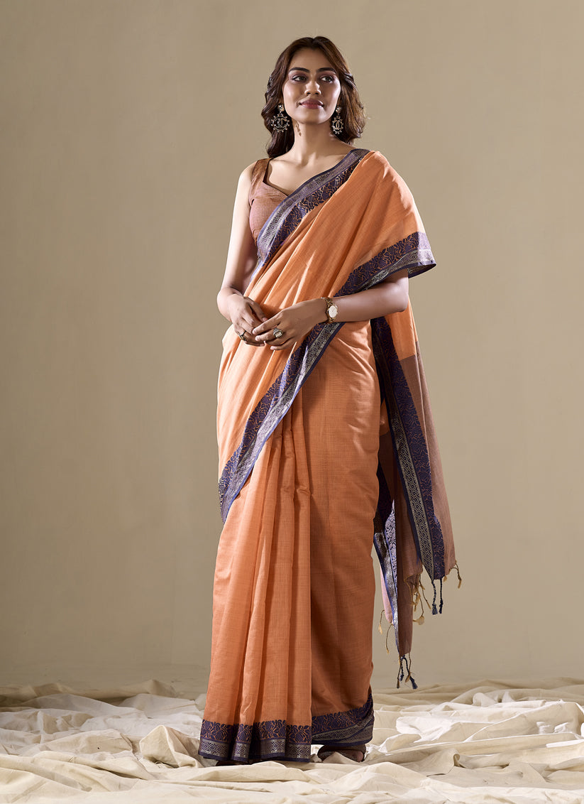 Salmon Orange Handloom Cotton Saree for Festival