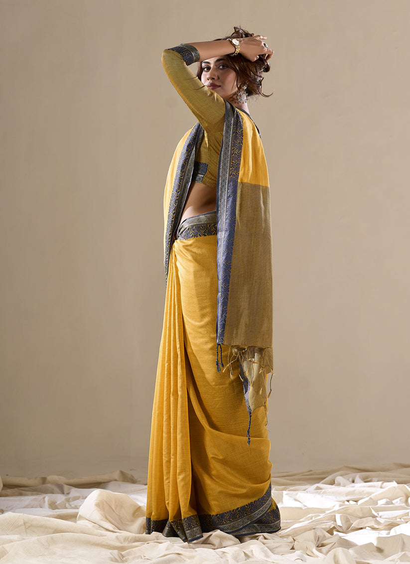 Turmeric Yellow Handloom Cotton Saree for Festival