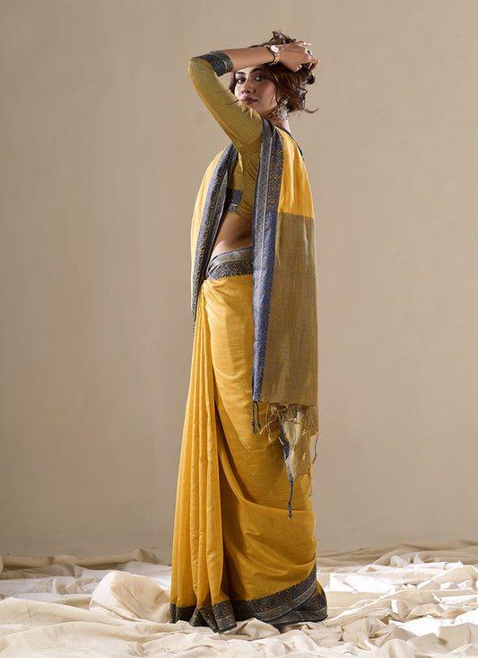 Turmeric Yellow Handloom Cotton Saree for Festival