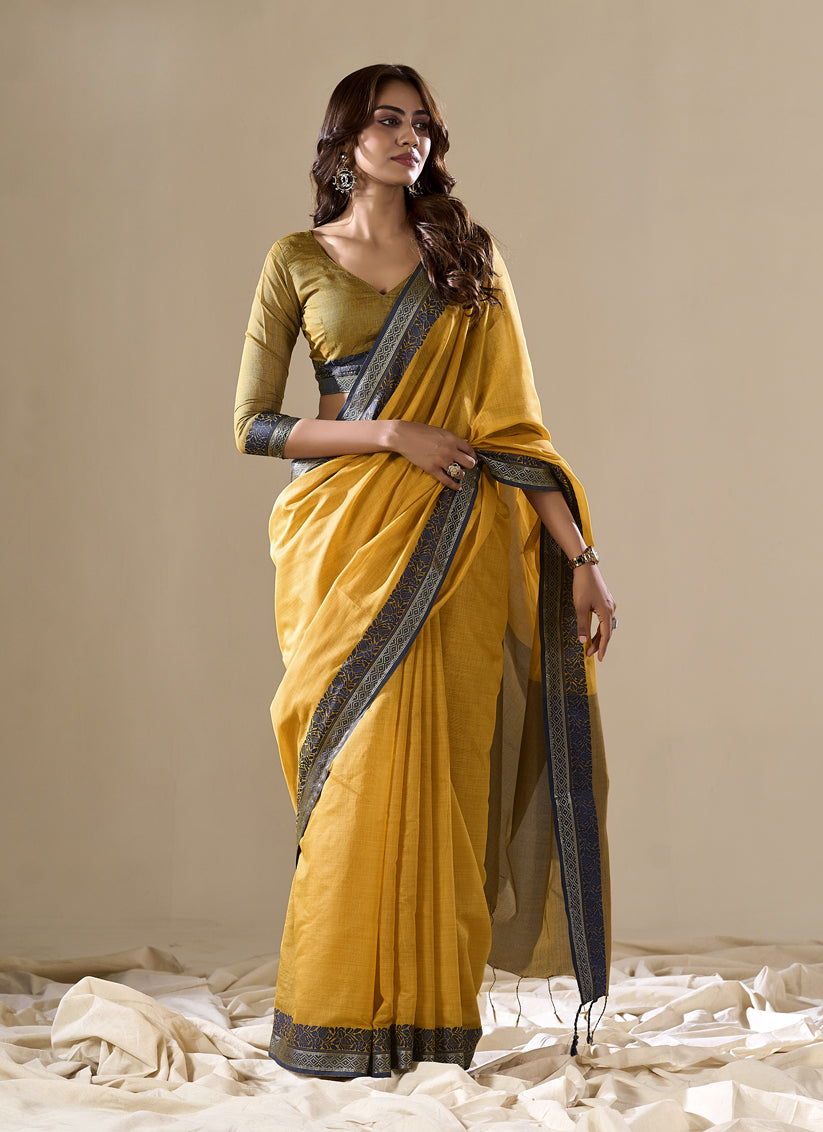 Turmeric Yellow Handloom Cotton Saree for Festival