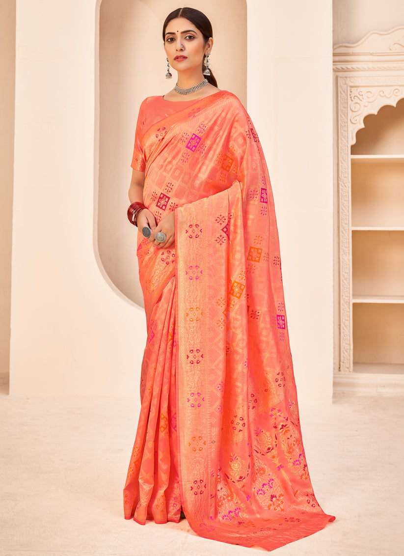 Peach Banarasi Silk Weaving Saree