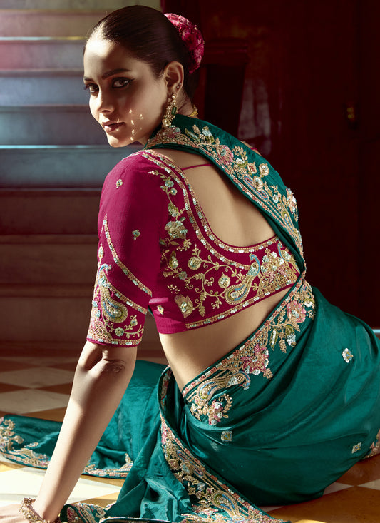 Incredible Peacock Green Embroidered Designer Wedding Saree