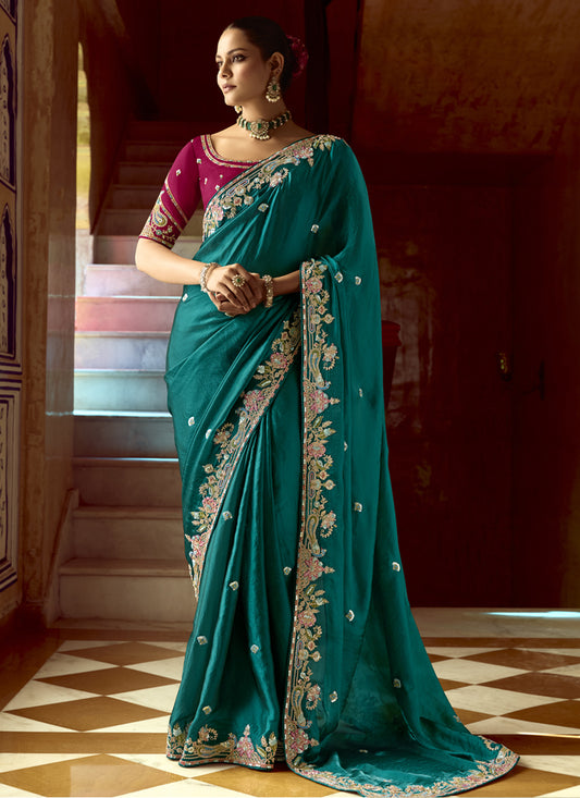 Incredible Peacock Green Embroidered Designer Wedding Saree