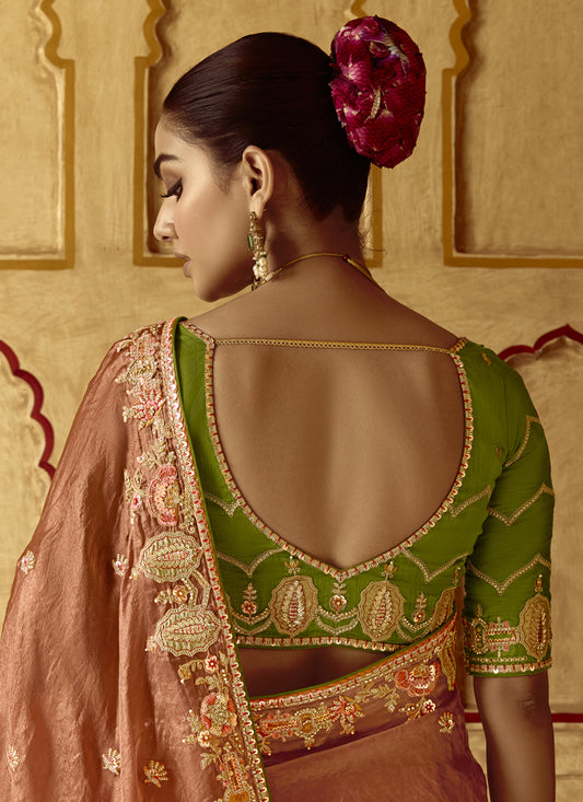 Spectacular Salmon Orange Embroidered Designer Wedding Saree