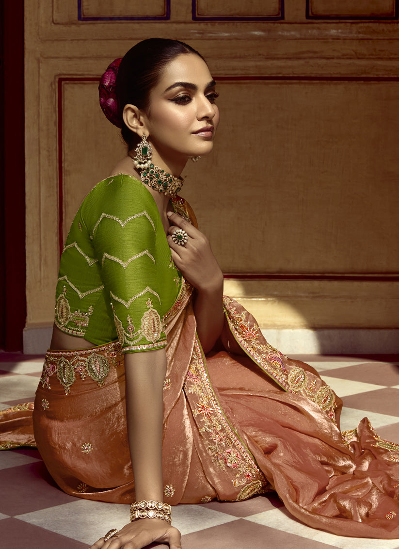 Spectacular Salmon Orange Embroidered Designer Wedding Saree