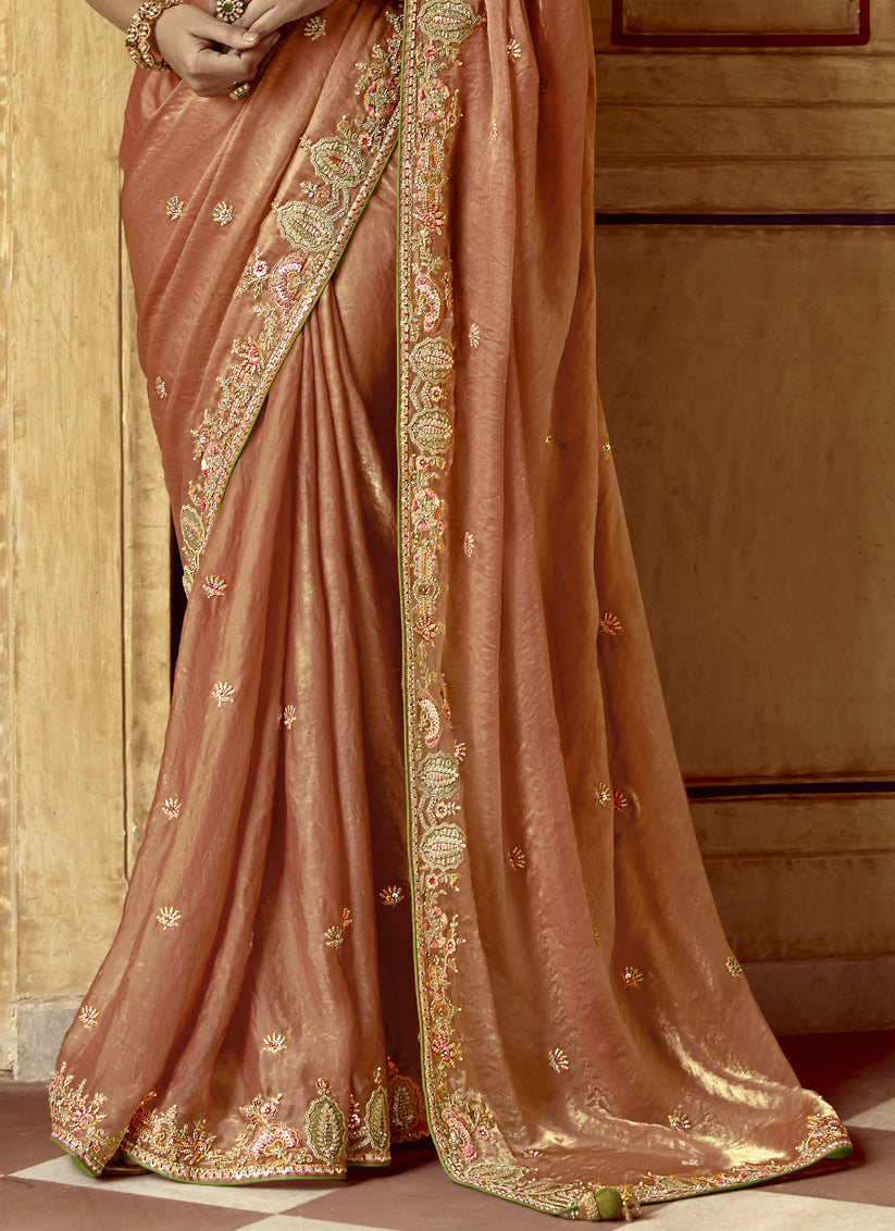 Spectacular Salmon Orange Embroidered Designer Wedding Saree
