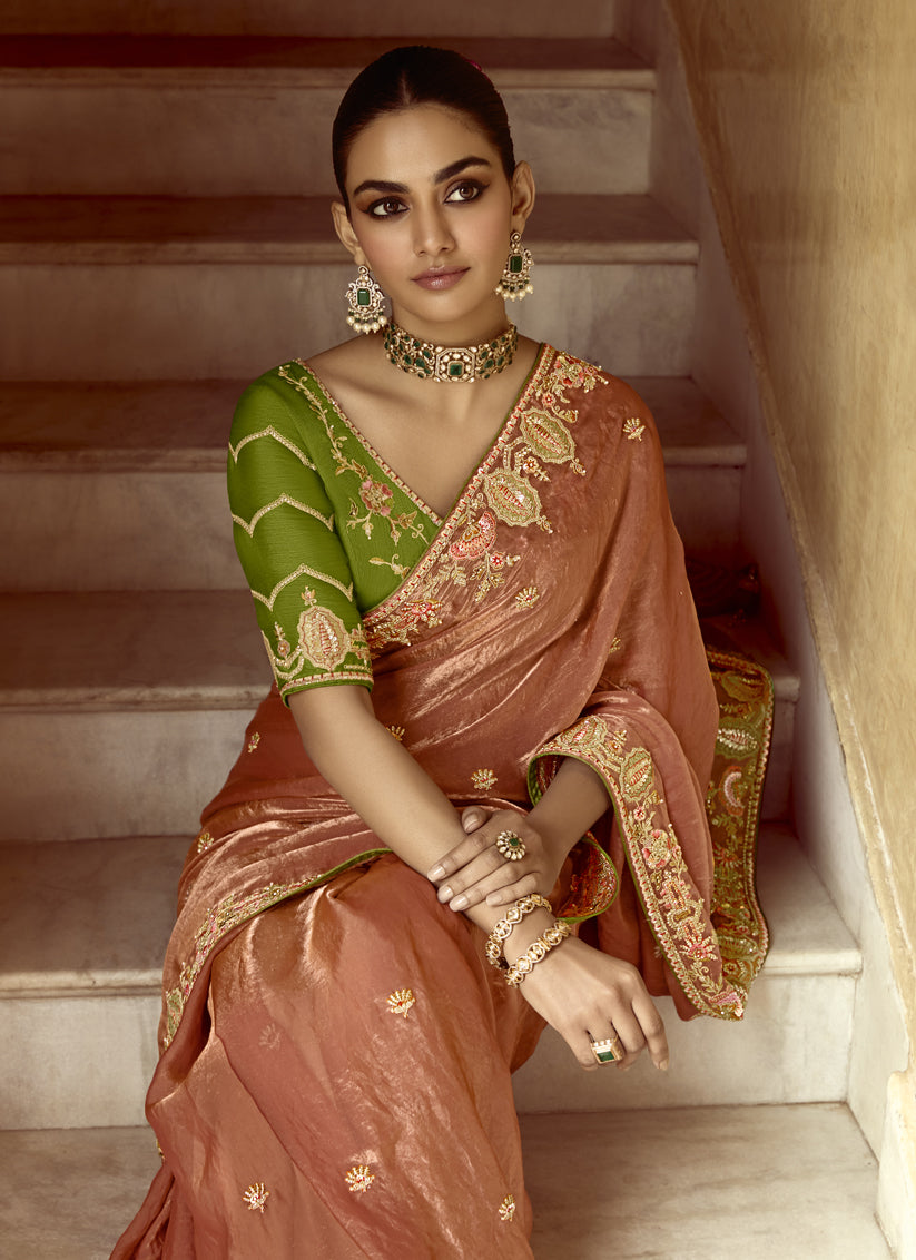 Spectacular Salmon Orange Embroidered Designer Wedding Saree