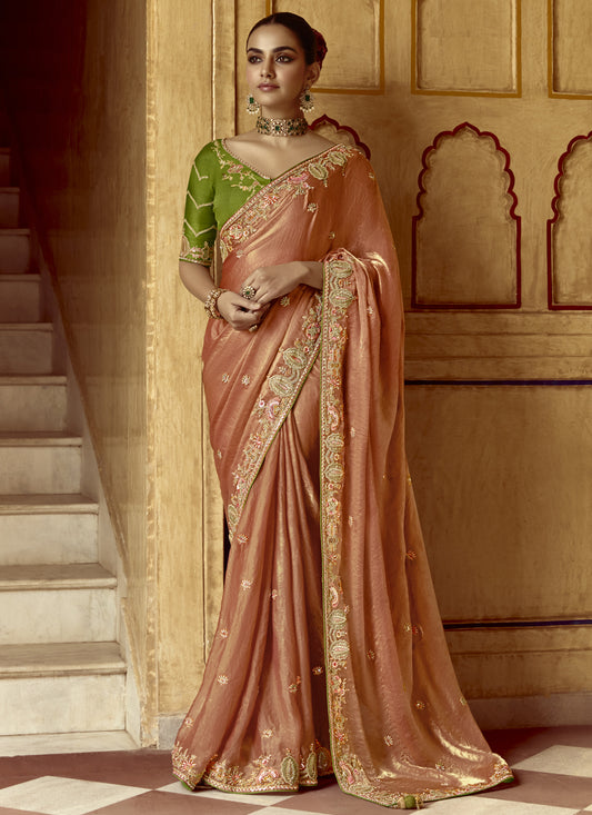 Spectacular Salmon Orange Embroidered Designer Wedding Saree