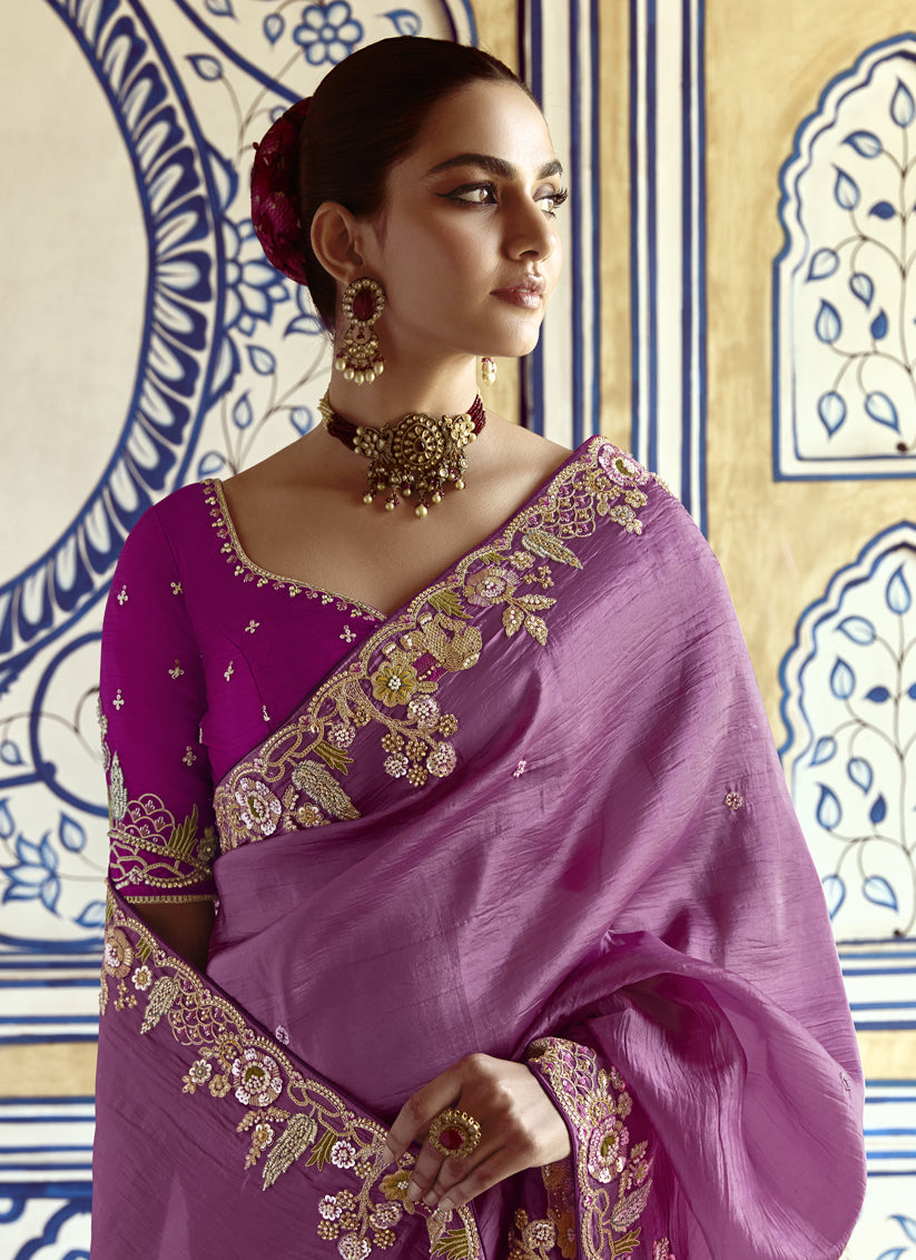 Charismatic Onion Pink Embroidered Designer Wedding Saree
