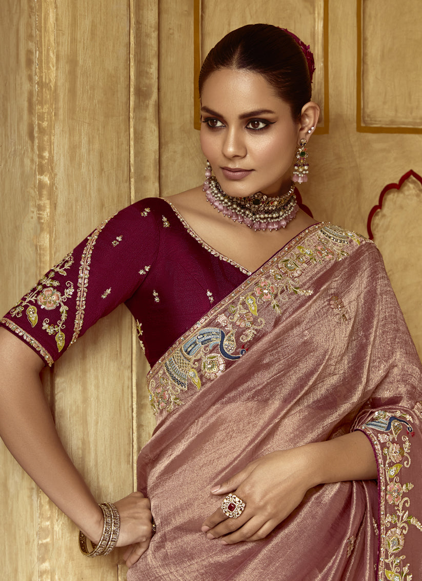 Exquisite Rose Taupe Embroidered Designer Wedding Saree