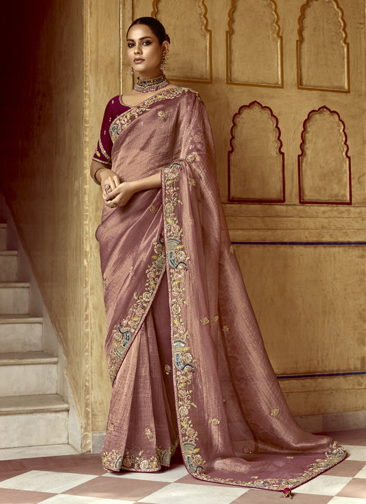 Exquisite Rose Taupe Embroidered Designer Wedding Saree
