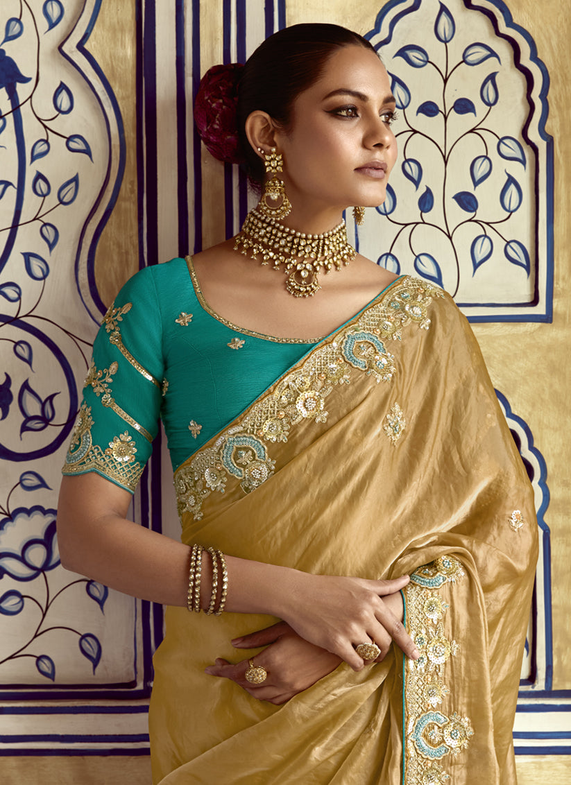 Sophisticated Fawn Embroidered Designer Wedding Saree