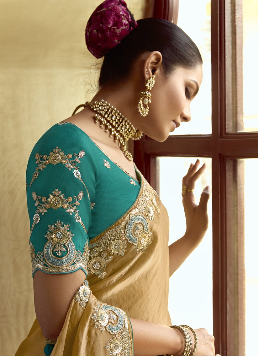 Sophisticated Fawn Embroidered Designer Wedding Saree