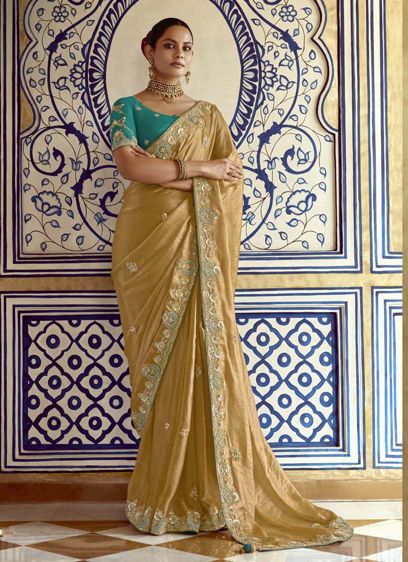 Sophisticated Fawn Embroidered Designer Wedding Saree