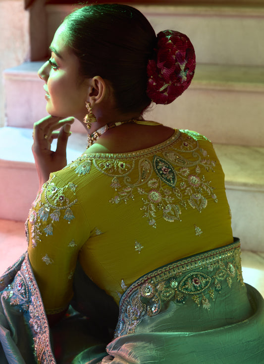 Impeccable Teal Grey Embroidered Designer Wedding Saree