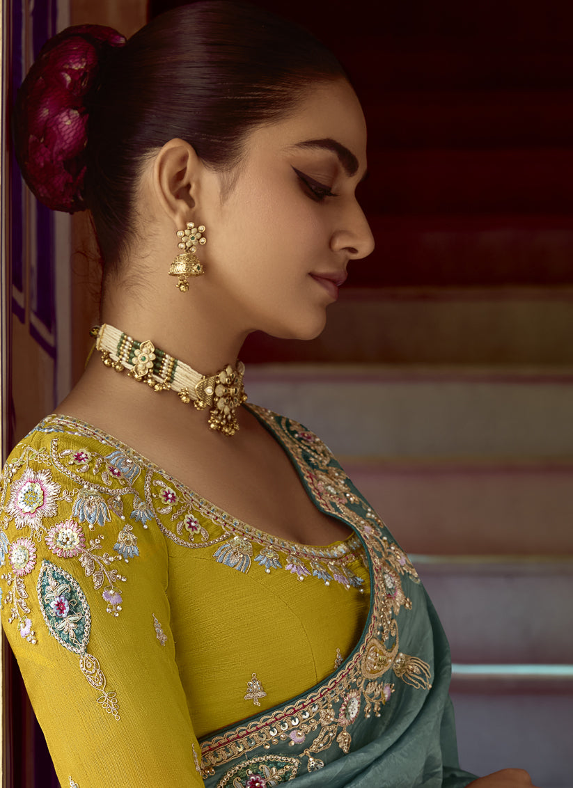 Impeccable Teal Grey Embroidered Designer Wedding Saree