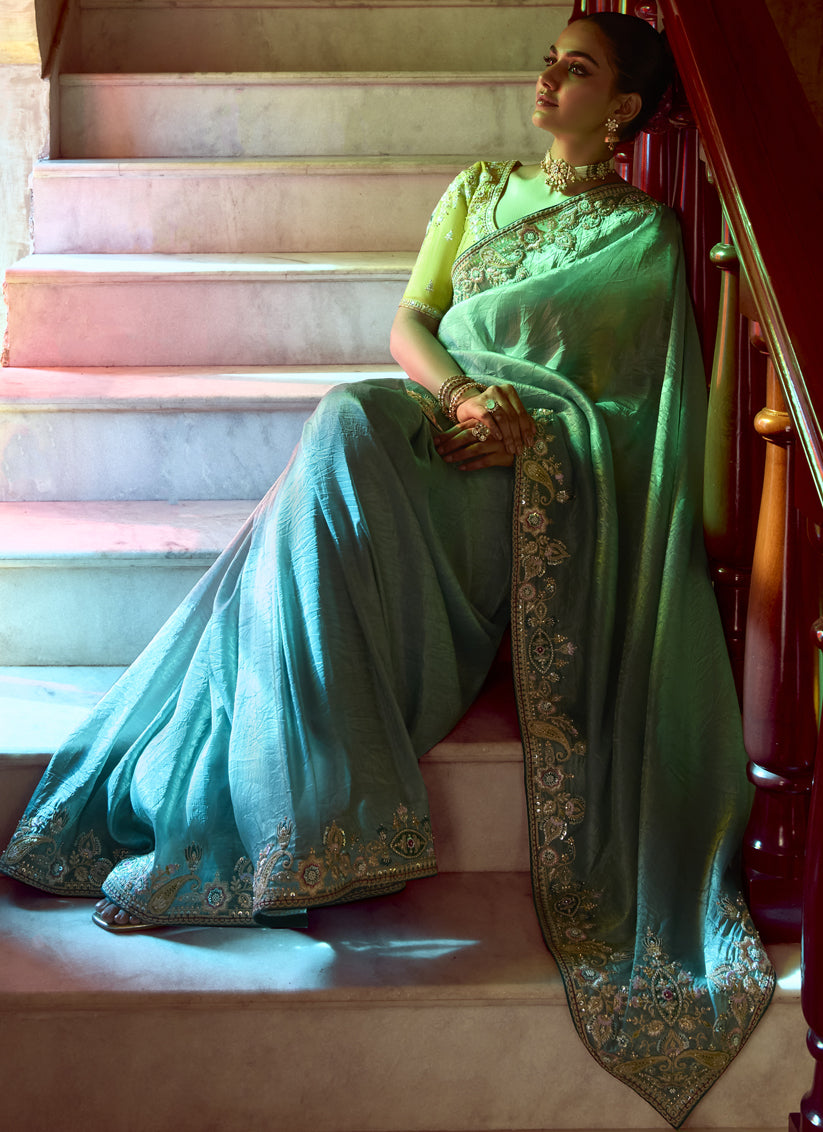 Impeccable Teal Grey Embroidered Designer Wedding Saree