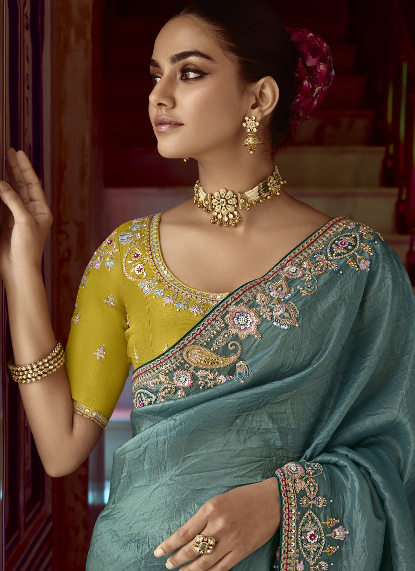 Impeccable Teal Grey Embroidered Designer Wedding Saree