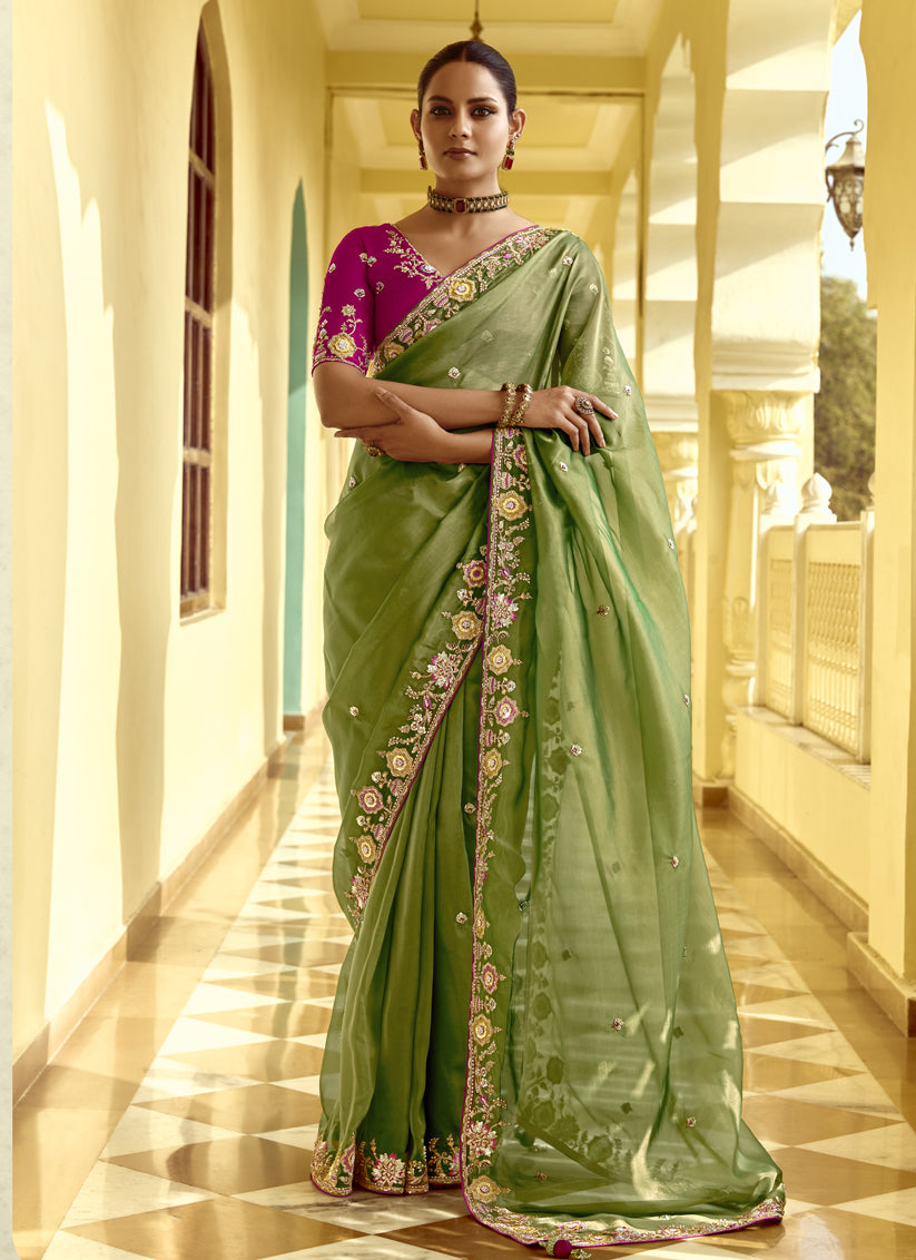 Flawless Fern Green Embroidered Designer Wedding Saree