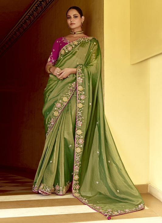 Flawless Fern Green Embroidered Designer Wedding Saree