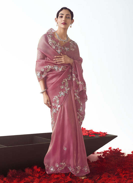 Fascinating Puce Pink Tissue Organza Embroidered Wedding Saree