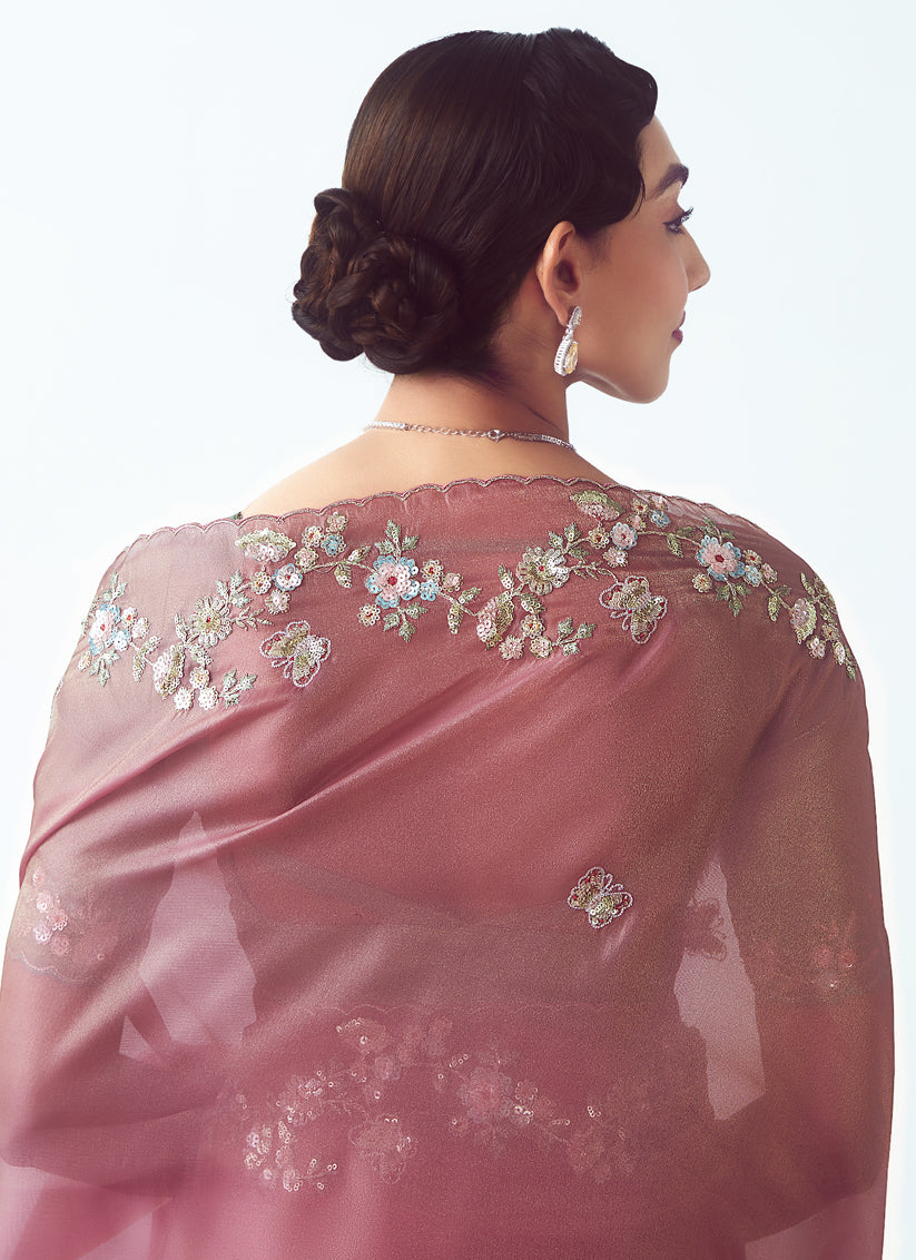 Fascinating Puce Pink Tissue Organza Embroidered Wedding Saree