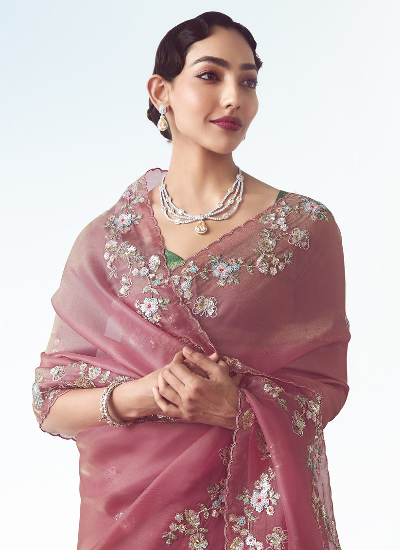 Fascinating Puce Pink Tissue Organza Embroidered Wedding Saree
