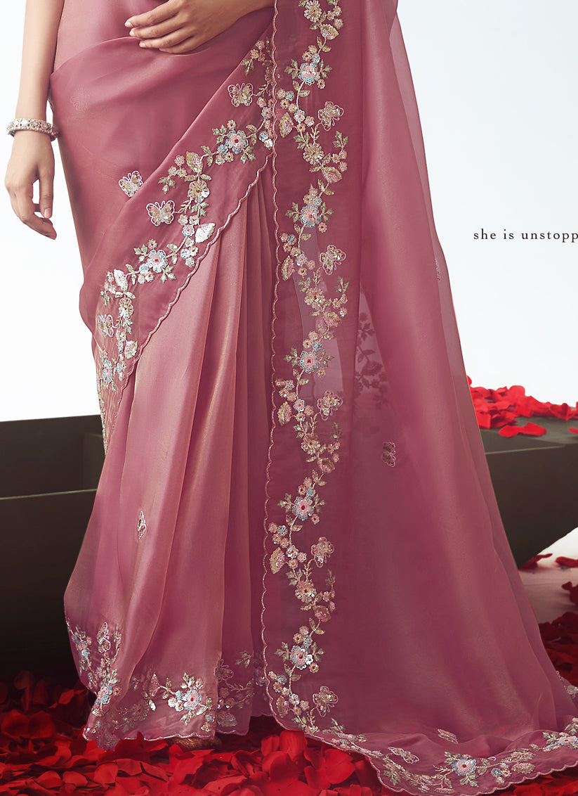 Fascinating Puce Pink Tissue Organza Embroidered Wedding Saree