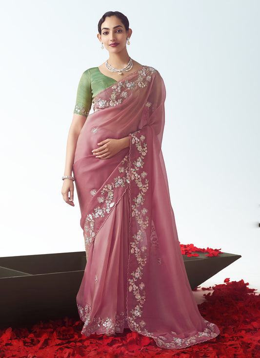 Fascinating Puce Pink Tissue Organza Embroidered Wedding Saree