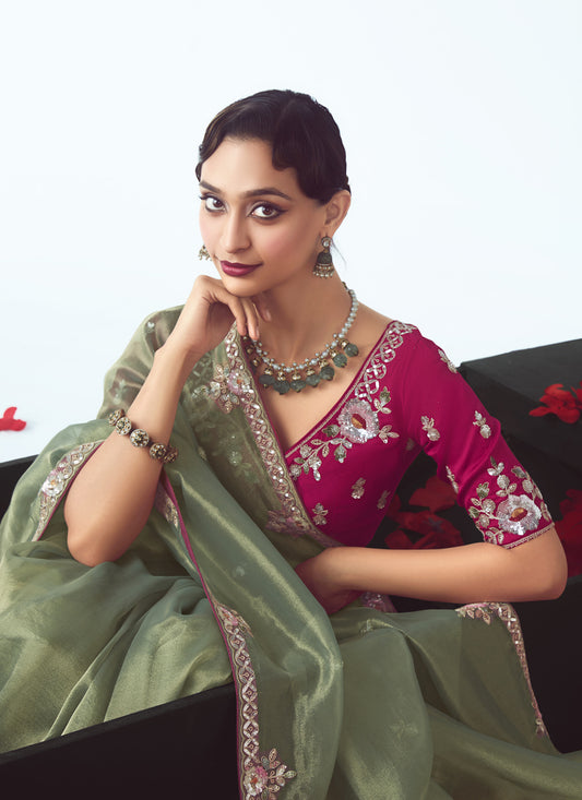 Elegant Sage Green Tissue Organza Embroidered Wedding Saree