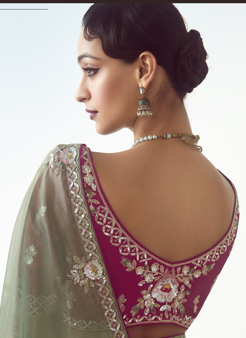 Elegant Sage Green Tissue Organza Embroidered Wedding Saree