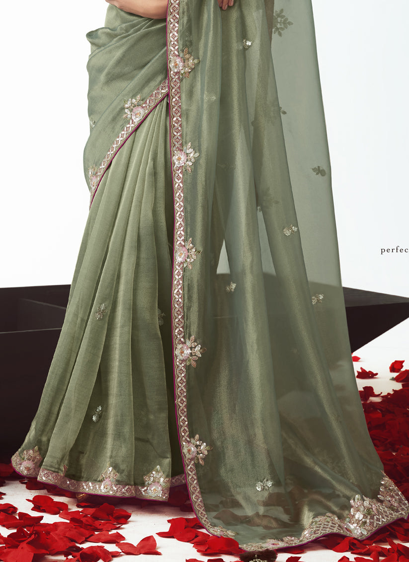 Elegant Sage Green Tissue Organza Embroidered Wedding Saree