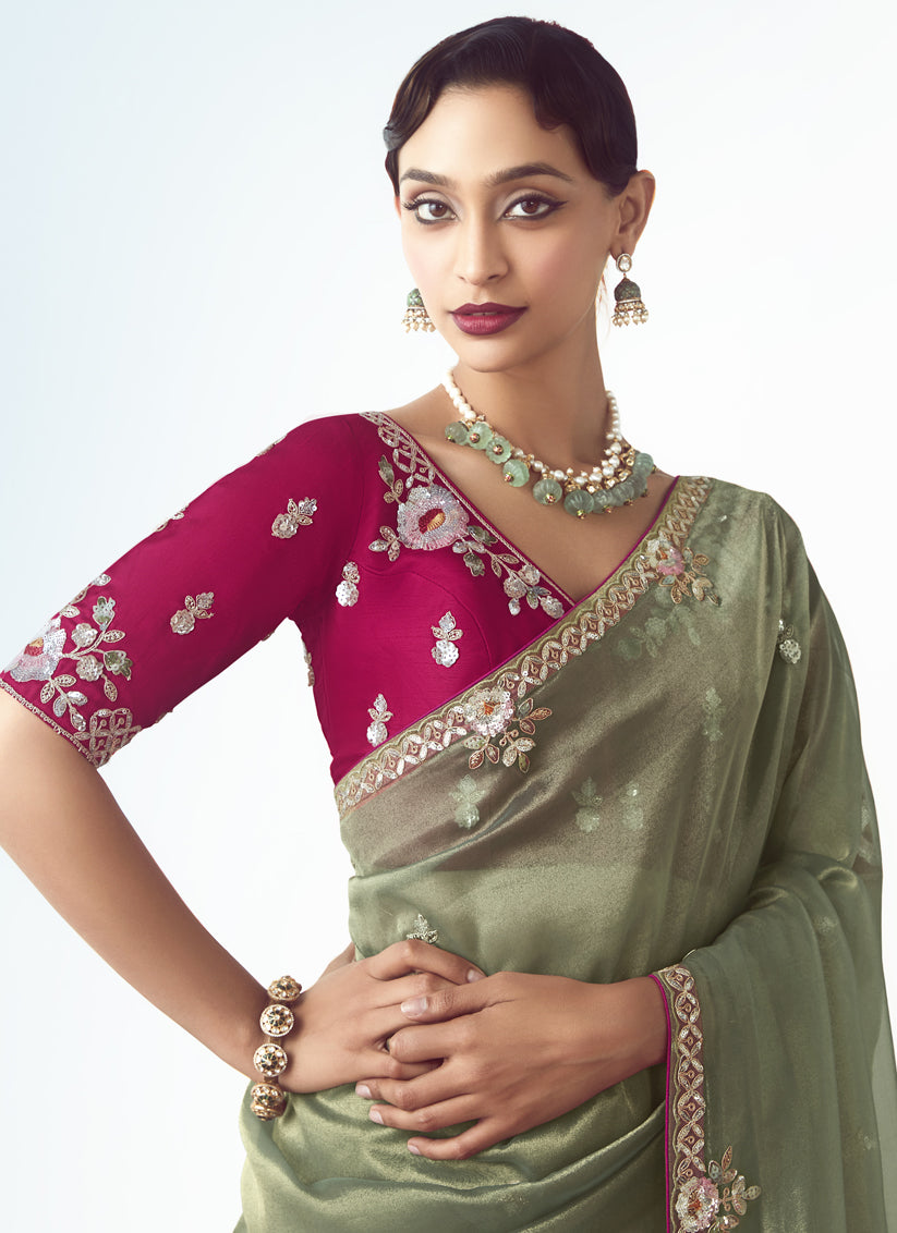 Elegant Sage Green Tissue Organza Embroidered Wedding Saree