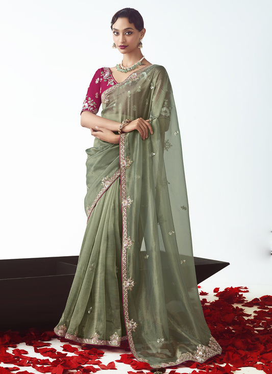 Elegant Sage Green Tissue Organza Embroidered Wedding Saree