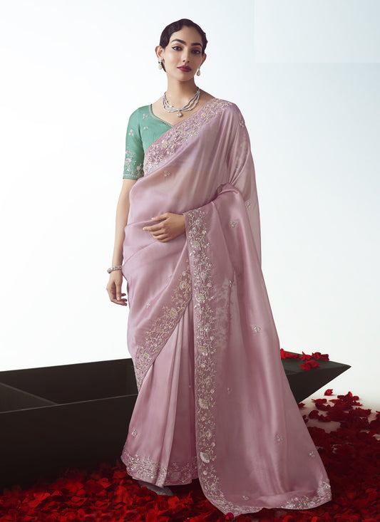 Ravishing Rose Pink Tissue Organza Embroidered Wedding Saree