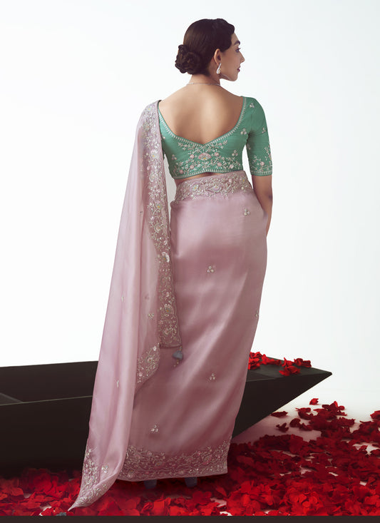 Ravishing Rose Pink Tissue Organza Embroidered Wedding Saree